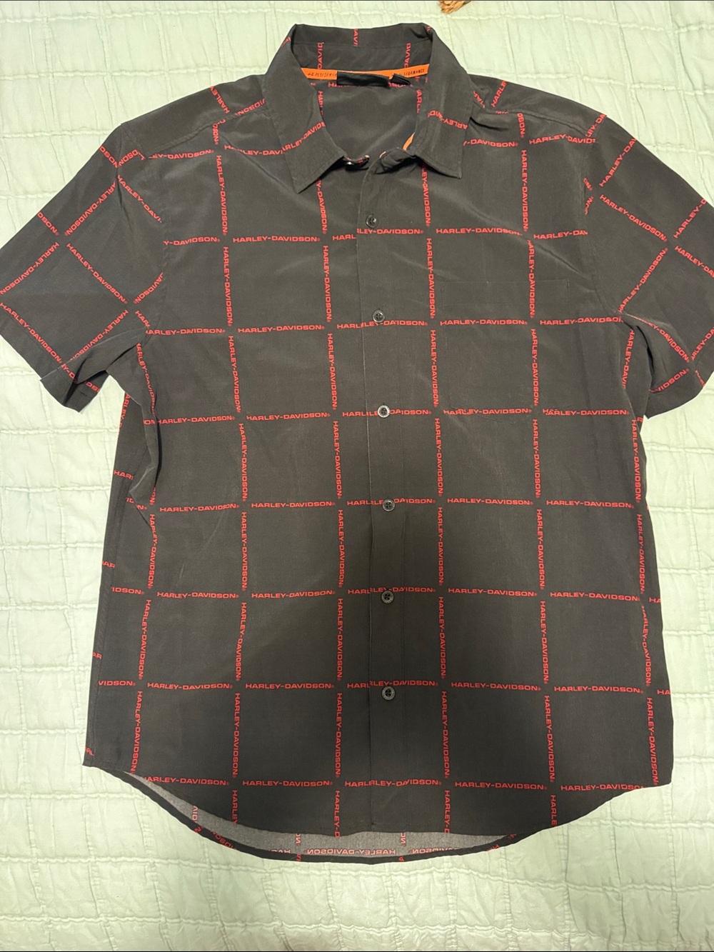Harley-Davidson Black Short Sleeve Button-Down with Red Logo Grid